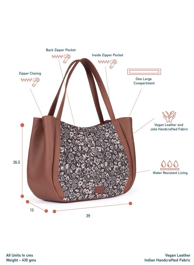 ZOUK Flomotif Floral Printed Jute Handcrafted Vegan Leather Black Women's Shoulder Luna Handbags | Ladies Purse Handbag - Image 4